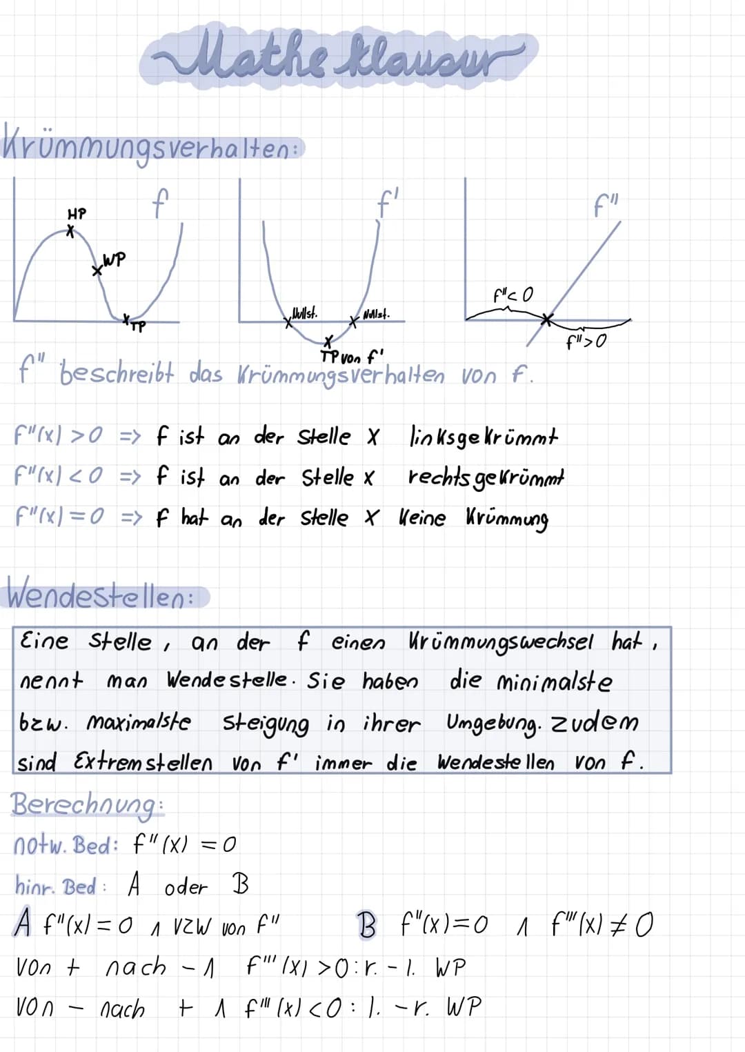 Krümmungsverhalten:
f
Red L
xwp
F"CO
XTP
* Mullst.
HP
Mathe klausur
f'
Nullst.
TP von f'
f" beschreibt das Krümmungsverhalten von f.
linksge
