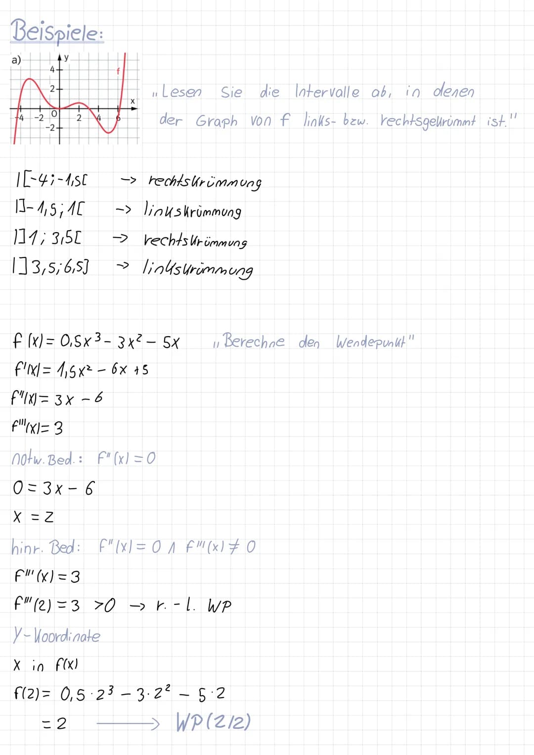Krümmungsverhalten:
f
Red L
xwp
F"CO
XTP
* Mullst.
HP
Mathe klausur
f'
Nullst.
TP von f'
f" beschreibt das Krümmungsverhalten von f.
linksge