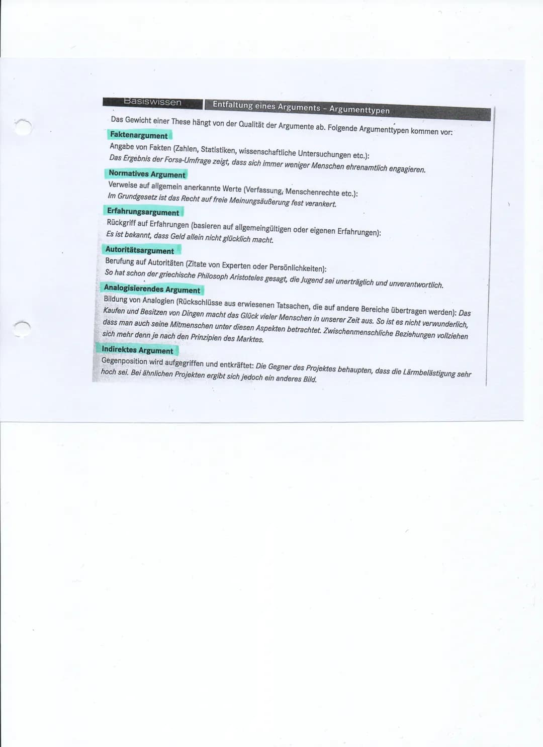 Basiswissen
Entfaltung eines Arguments - Argumenttypen
Das Gewicht einer These hängt von der Qualität der Argumente ab. Folgende Argumenttyp