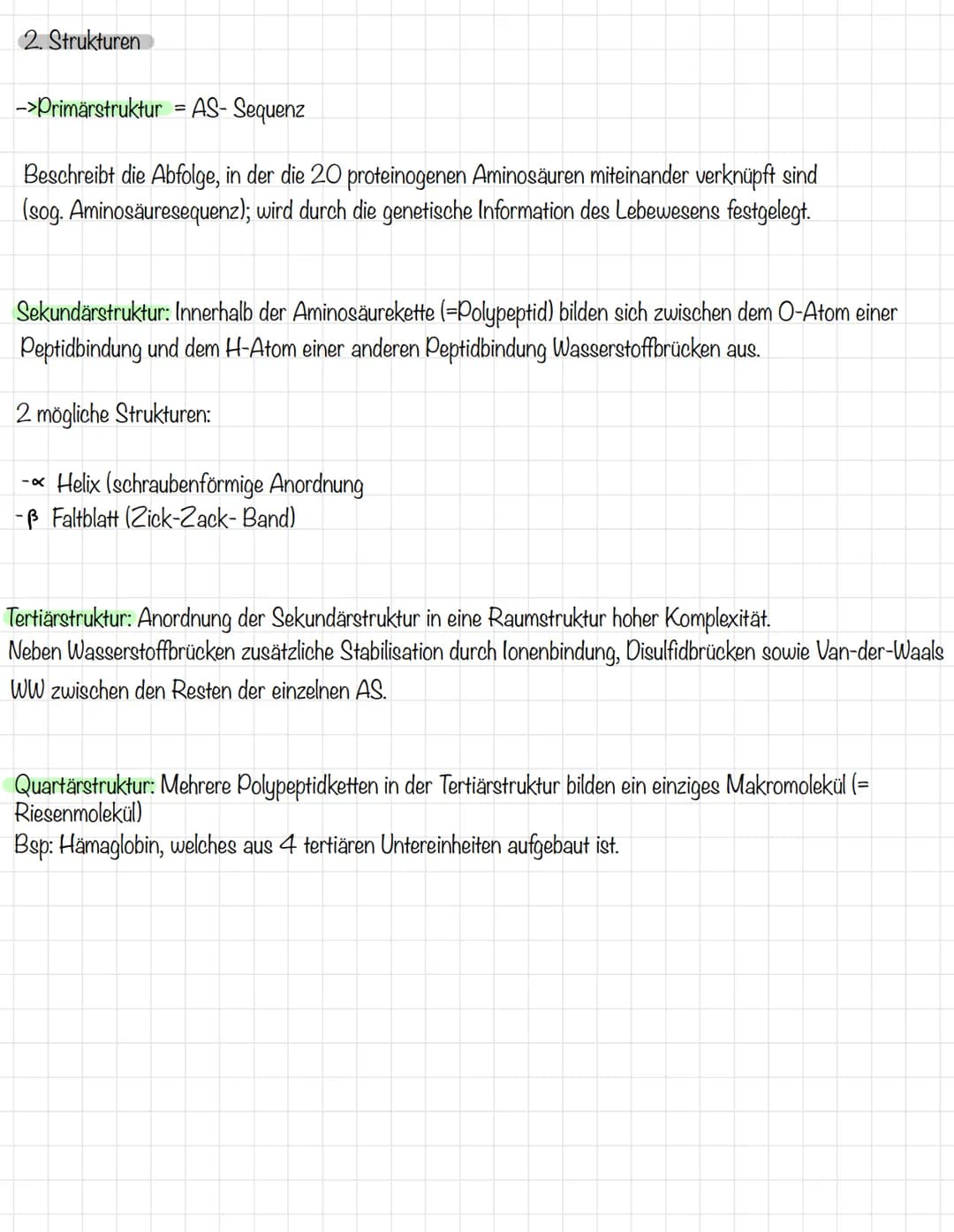 1. Aufbau der Proteine aus AS
AS-Aminosäure
genauer Aminocarbonsäure
H
H
Aminogruppe
H₂O
+n As
H
-n H₂0
R
H
Wir kennen 20 verschiedene prote