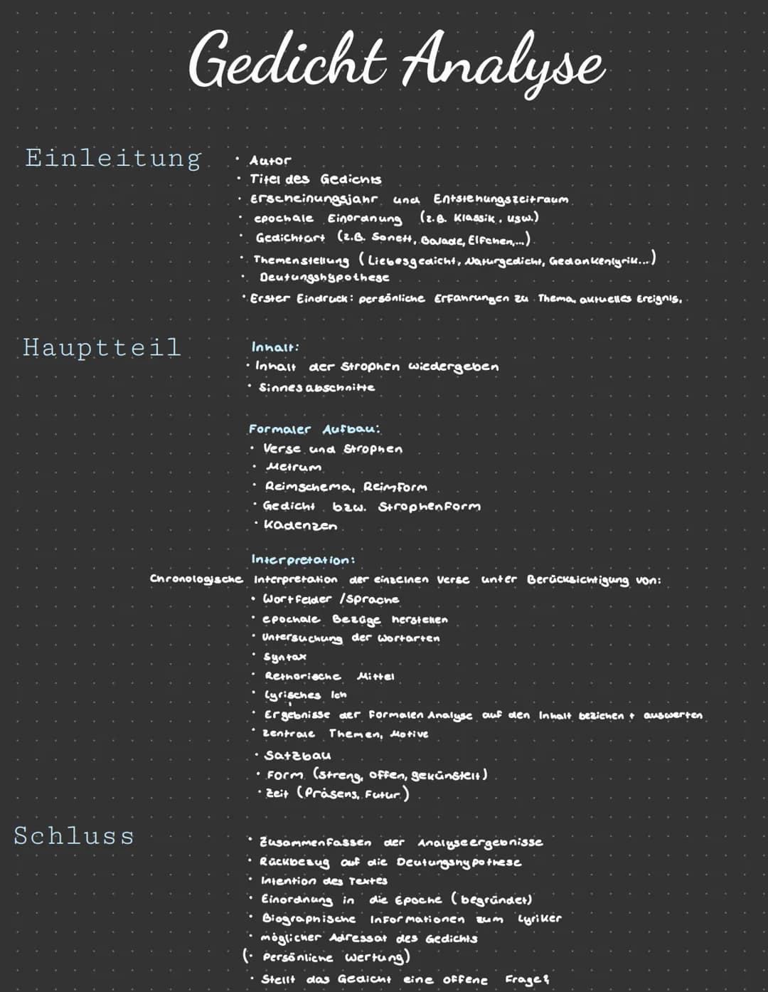 Einleitung
Hauptteil
Gedicht Analyse
Schluss
Autor
Titel des Gedichts
Erscheinungsjahr und Entstehungszeitraum
epochale Einordnung (z. B. Kl