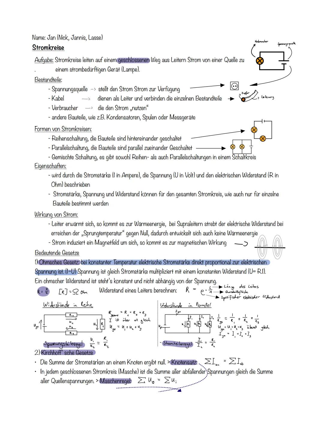 Name: Jan (Nick, Jannis, Lasse)
Stromkreise
Aufgabe: Stromkreise leiten auf einem geschlossenen Weg aus Leitern Strom von einer Quelle zu
ei
