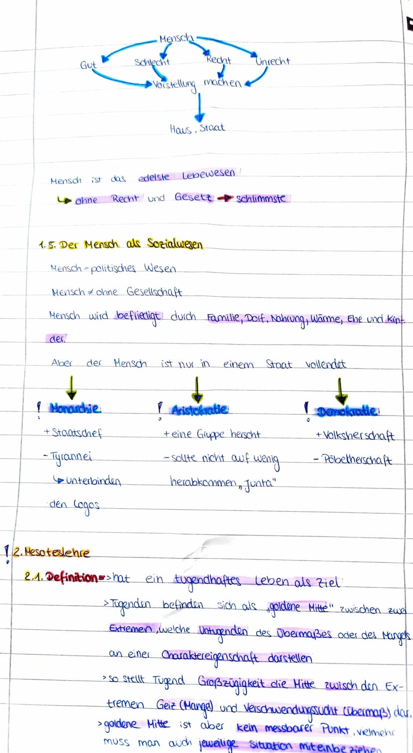 Ethik
Aristoteles Meso teslehre
1 Das Wesen des Menschen.
1.1. Entelechie = jedes Lebewesen, jeder Organismus trägt das Ziel und den
Zweck i