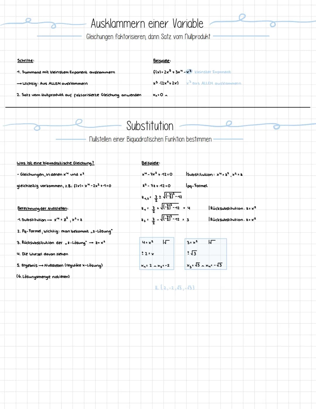 Nullstellen einer ganzrationalen Funktion bestimmen
Ablesen einer faktorisierten Gleichung, Ausklammern einer Variable, Substitution
lineare