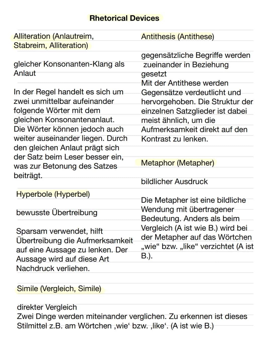 Rhetorical Devices
Alliteration (Anlautreim,
Stabreim, Alliteration)
gleicher Konsonanten-Klang als
Anlaut
In der Regel handelt es sich um
z