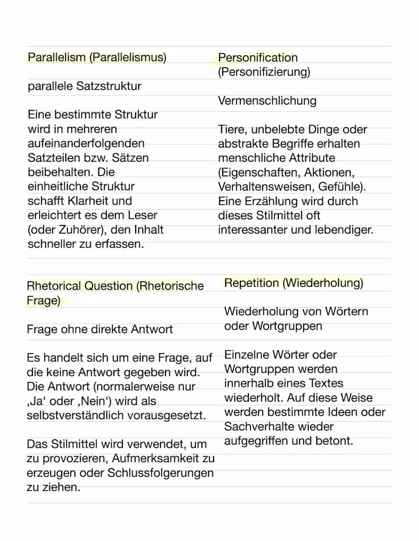 Rhetorical Devices
Alliteration (Anlautreim,
Stabreim, Alliteration)
gleicher Konsonanten-Klang als
Anlaut
In der Regel handelt es sich um
z