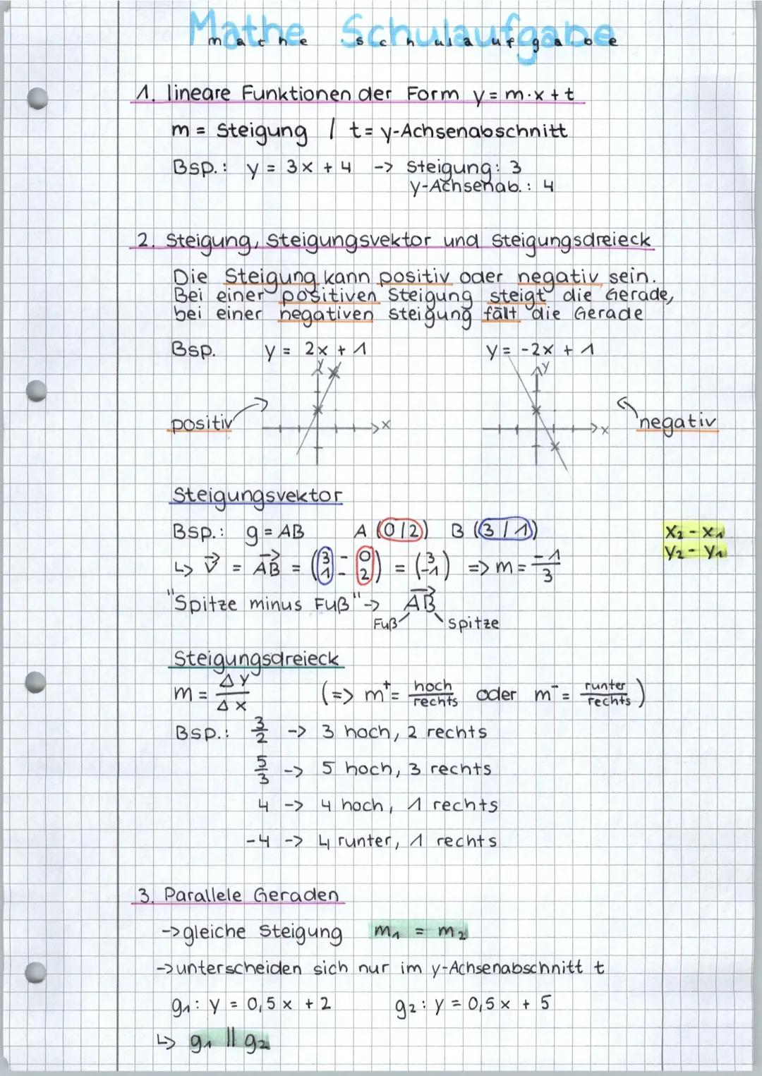 Mathe Schulaufgab.ee
A lineare Funktionen der Form v= m. x + t
m = Steigung t=y-Achsenabschnitt
Bsp.: y = 3x + 4 -> Steigung: 3
y-Achsenab.: