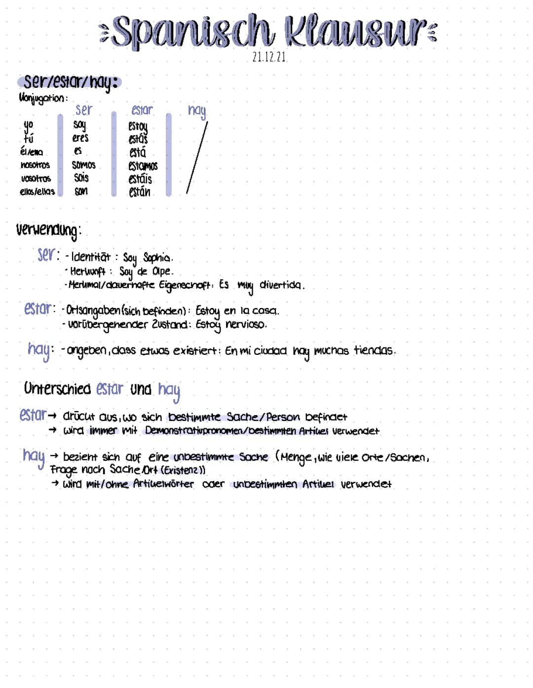  Ser/Estar/Hay , Gustar, possessiv Begleiter, Gruppen/Modalverben, Adjektive, Estar + gerundio 