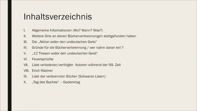 DIE
BÜCHERVERBRENNUNG
10. Mai 1933 Inhaltsverzeichnis
Allgemeine Informationen (Wo? Wann? Was?)
Weitere Orte an denen Bücherverbrennungen st