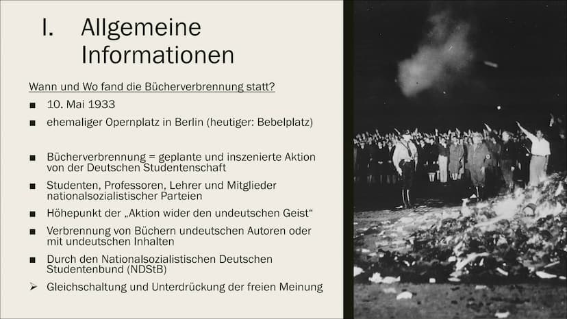 DIE
BÜCHERVERBRENNUNG
10. Mai 1933 Inhaltsverzeichnis
Allgemeine Informationen (Wo? Wann? Was?)
Weitere Orte an denen Bücherverbrennungen st