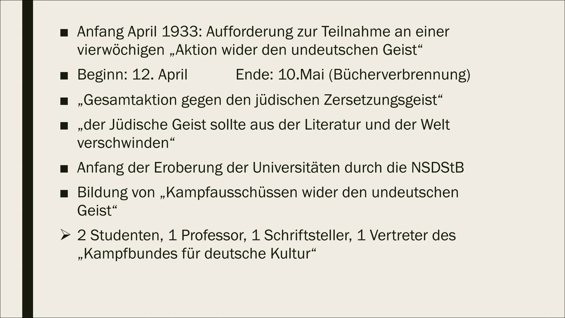 DIE
BÜCHERVERBRENNUNG
10. Mai 1933 Inhaltsverzeichnis
Allgemeine Informationen (Wo? Wann? Was?)
Weitere Orte an denen Bücherverbrennungen st