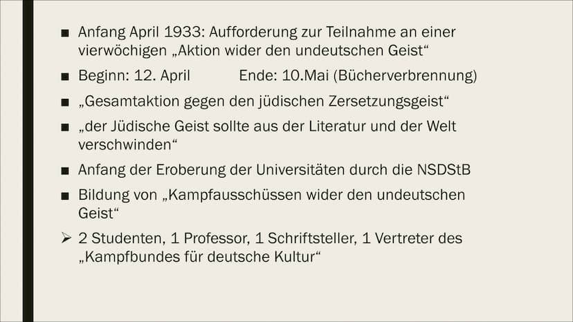 DIE
BÜCHERVERBRENNUNG
10. Mai 1933 Inhaltsverzeichnis
Allgemeine Informationen (Wo? Wann? Was?)
Weitere Orte an denen Bücherverbrennungen st