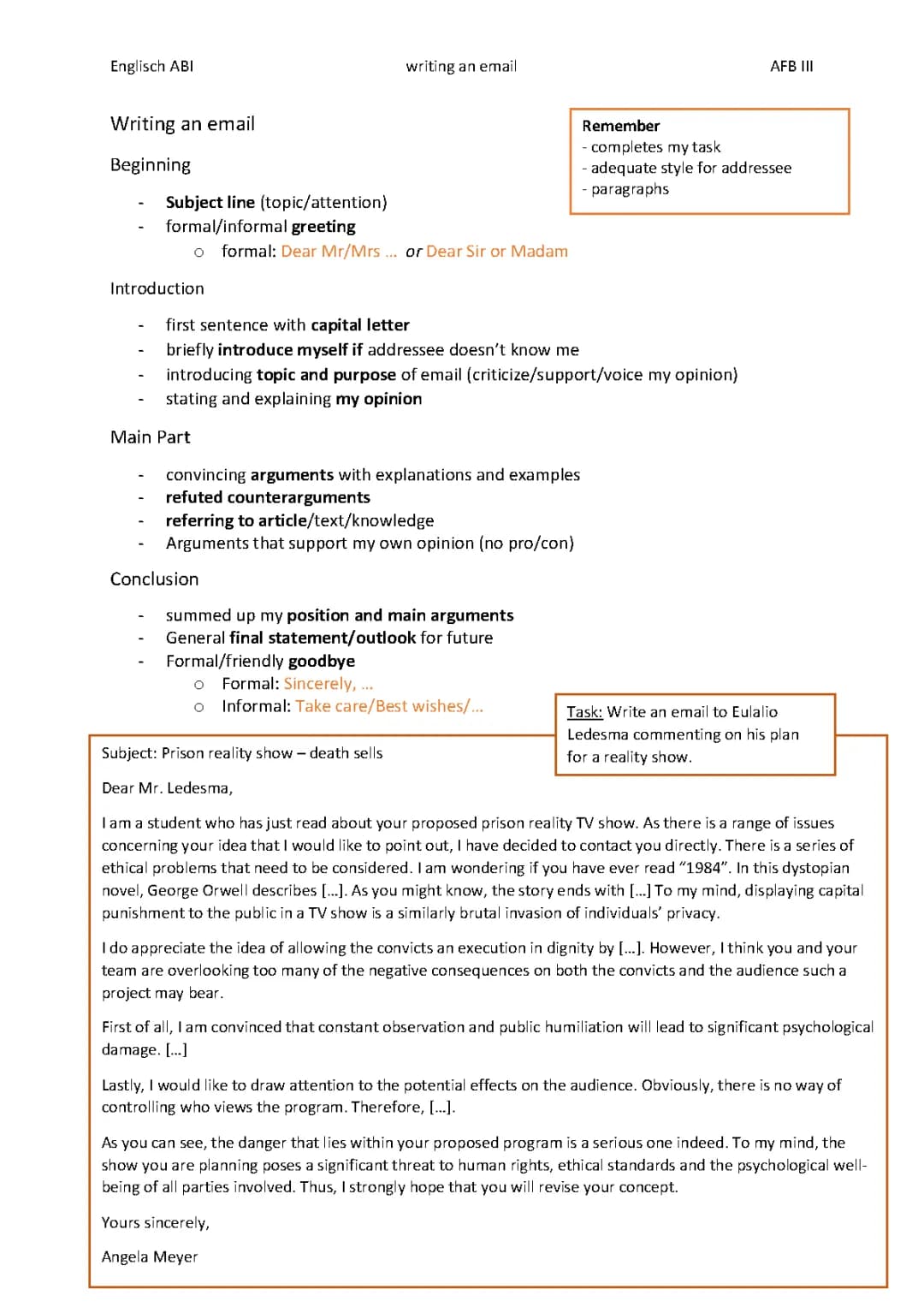 writing an email aufbau mit beispieltext englisch