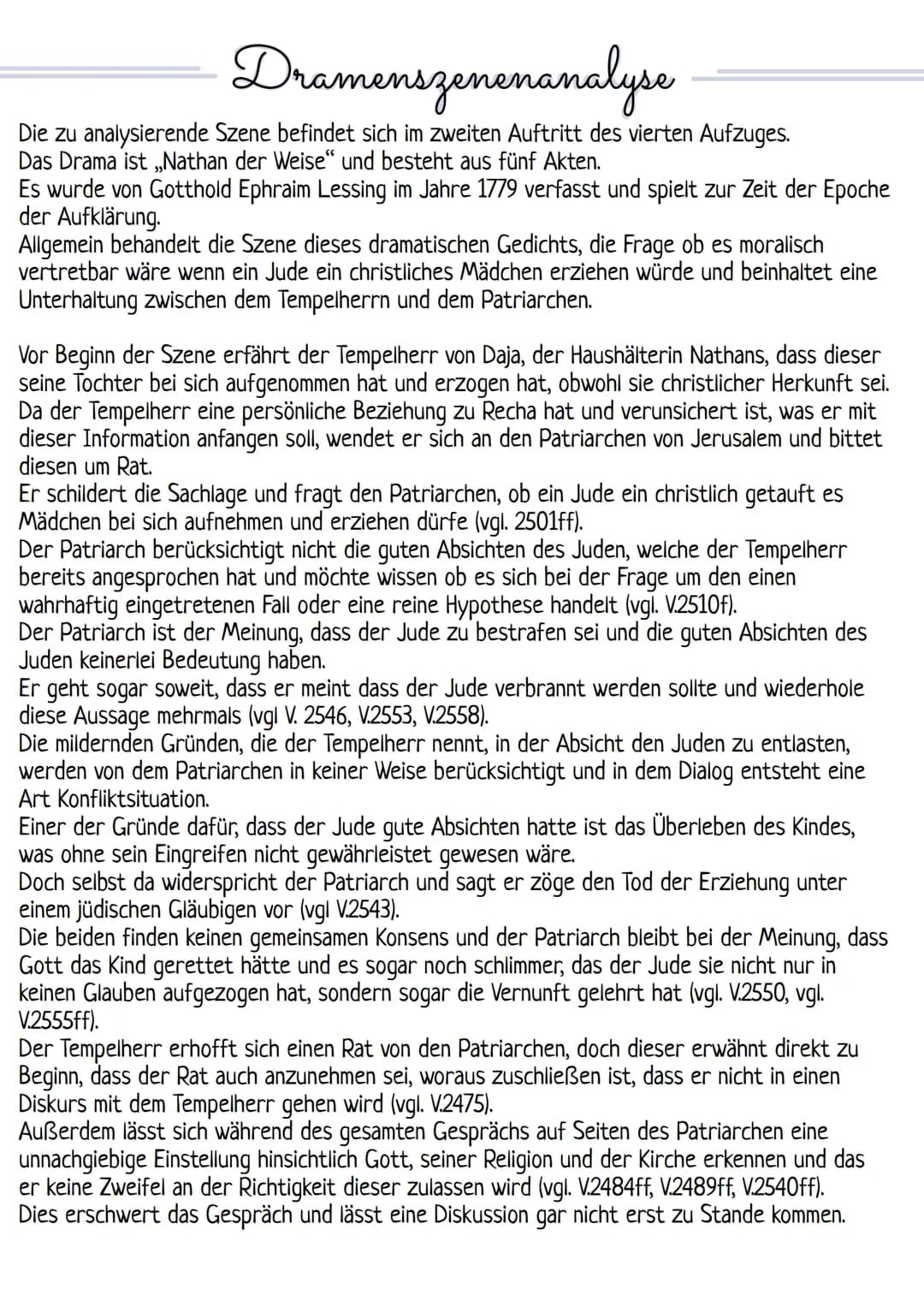 Dramenszenenanalyse
Die zu analysierende Szene befindet sich im zweiten Auftritt des vierten Aufzuges.
Das Drama ist ,,Nathan der Weise" und
