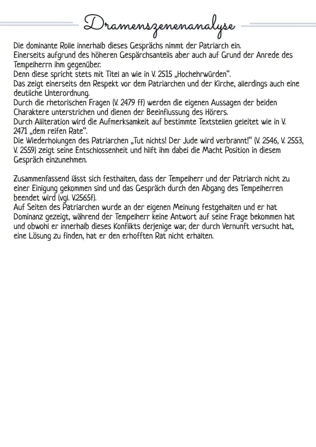 Dramenszenenanalyse
Die zu analysierende Szene befindet sich im zweiten Auftritt des vierten Aufzuges.
Das Drama ist ,,Nathan der Weise" und
