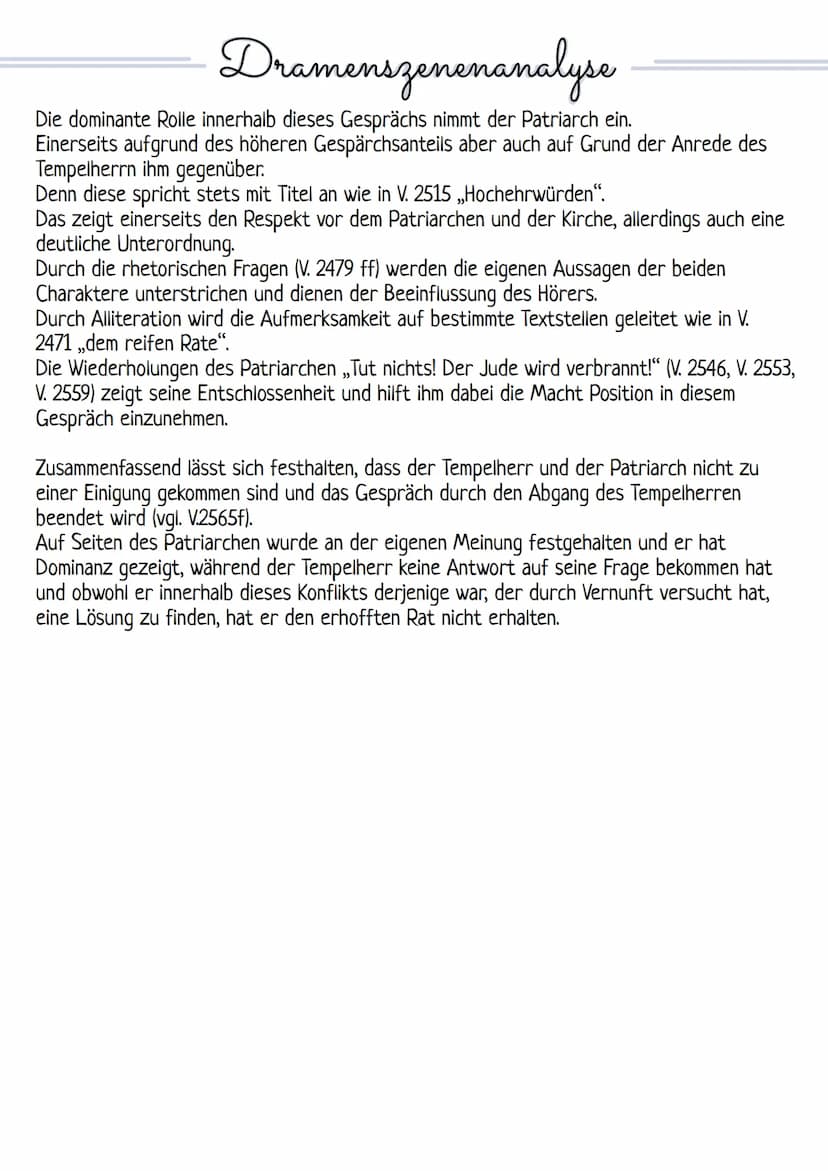 Dramenszenenanalyse
Die zu analysierende Szene befindet sich im zweiten Auftritt des vierten Aufzuges.
Das Drama ist ,,Nathan der Weise" und