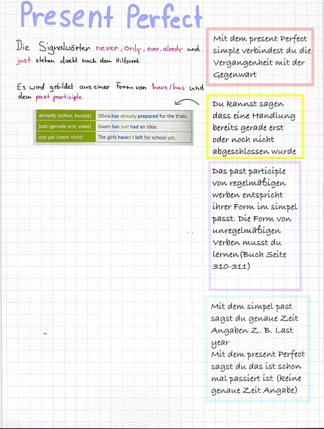 Present Perfect
Die Signalwörter never, only, ever, alvedy und
just stehen direkt nach dem Hilfsverb.
Es wird gebildet aus einer Form von ha