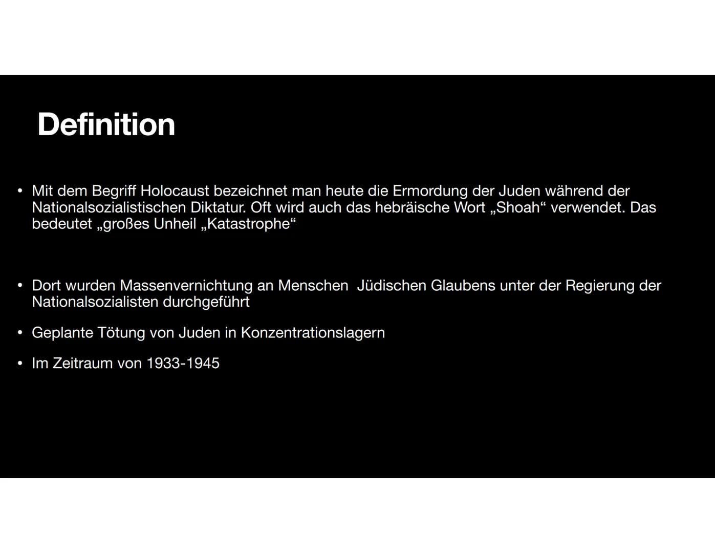 Massenmorde in
Vernichtungslagern - Holocaust
Judenverfolgung Gliederung
• Definition
Wie alles begann
• Die Nürnberger Gesetz
• Opfergruppe