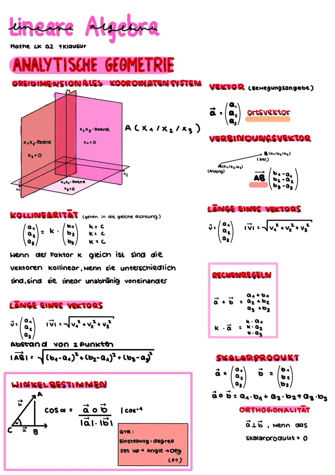Lineare Algebra
Mathe LK a2 1 Klausur
ANALYTISCHE GEOMETRIE
DREIDIMENSIONALES KOORDINATEN SYSTEM VEKTOR (Bewegungsangabe)
X₁X₂-Ebene
X2=0
KO
