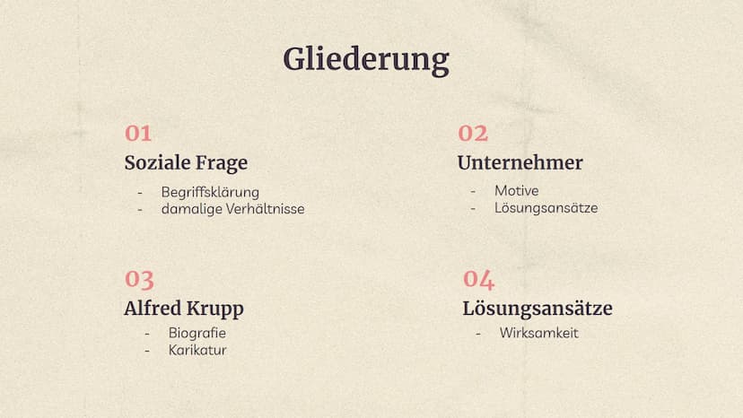 PENSIONS ARBEITER
KASSE WOHNUNGE KRUPP
Trugen Unternehmen, wie z.B. Krupp,
zur Lösung der sozialen Frage bei? 01
Soziale Frage
Begriffskläru