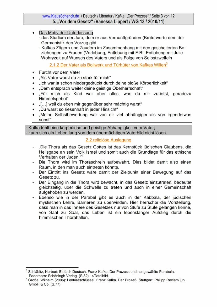 www.KlausSchenck.de / Deutsch / Literatur / Kopiervorlage / Seite 1/12
Franz Kafka: ,,Der Prozess" 5. „Vor dem Gesetz“ Tatjana (12/2 / 2011)