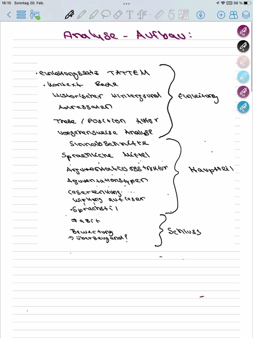 16:15 Sonntag 20. Feb.
TF. бE O
О
Analyse - Aufbau:
→
--
етленоngssate таттем
Kontext
вале
Historischer Hintergrund
Алгеssаtеп
Thебе / роsit