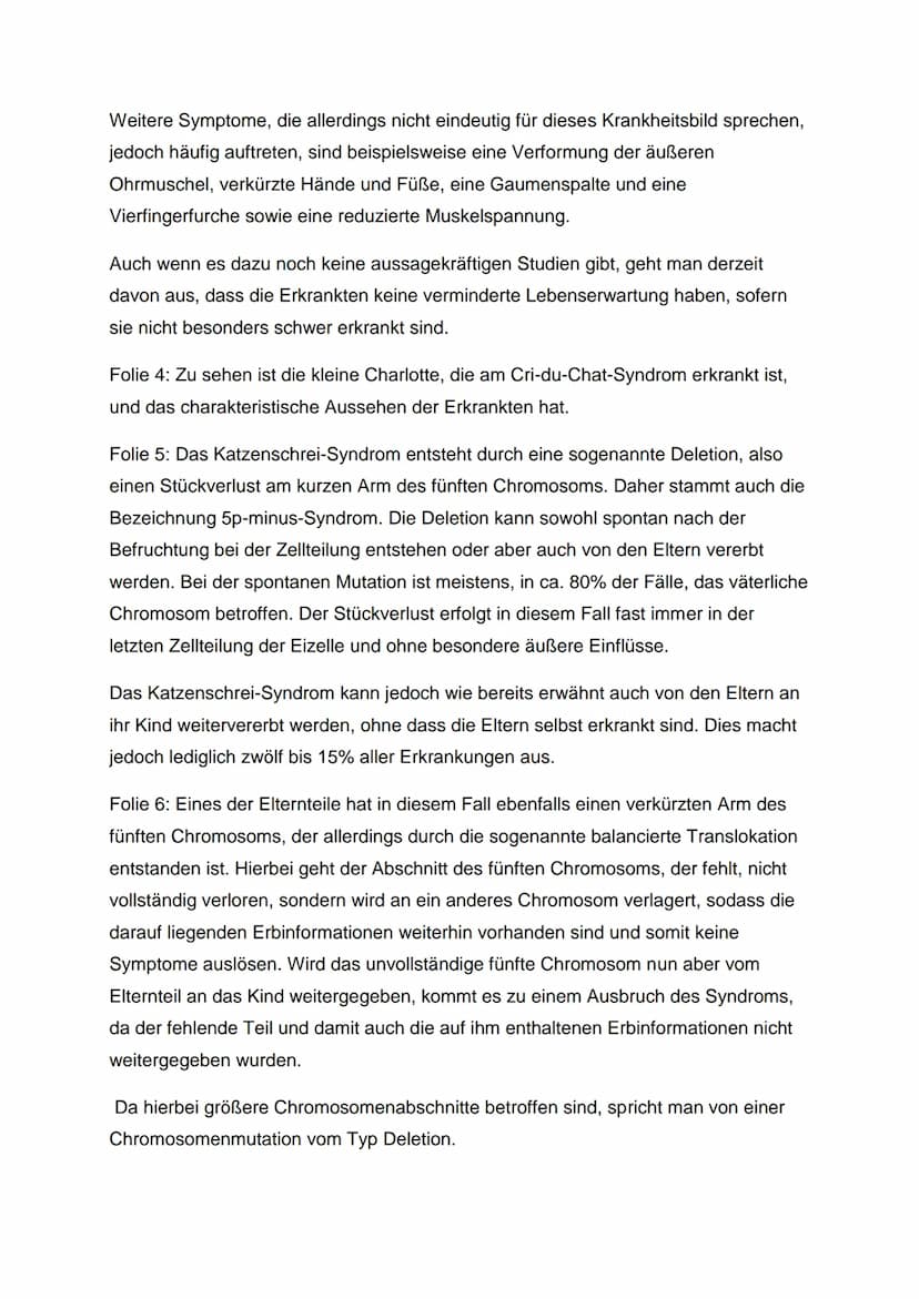 DAS CRI-DU-CHAT-SYNDROM
Folie 1: Das Cri-du-chat-Syndrom, auch Katzenschrei-Syndrom oder p5-minus-
Syndrom genannt, ist eine in Europa zwar 