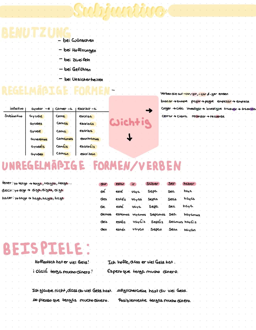 BENUTZUNG
bei wünschen
bei Hoffnungen
Subjuntive
- bei Zweifeln
-bei Gefühlen
- bei Unsicherheiten
REGELMÄPIGE: FORMEN-
infinitivo ayudar-e 