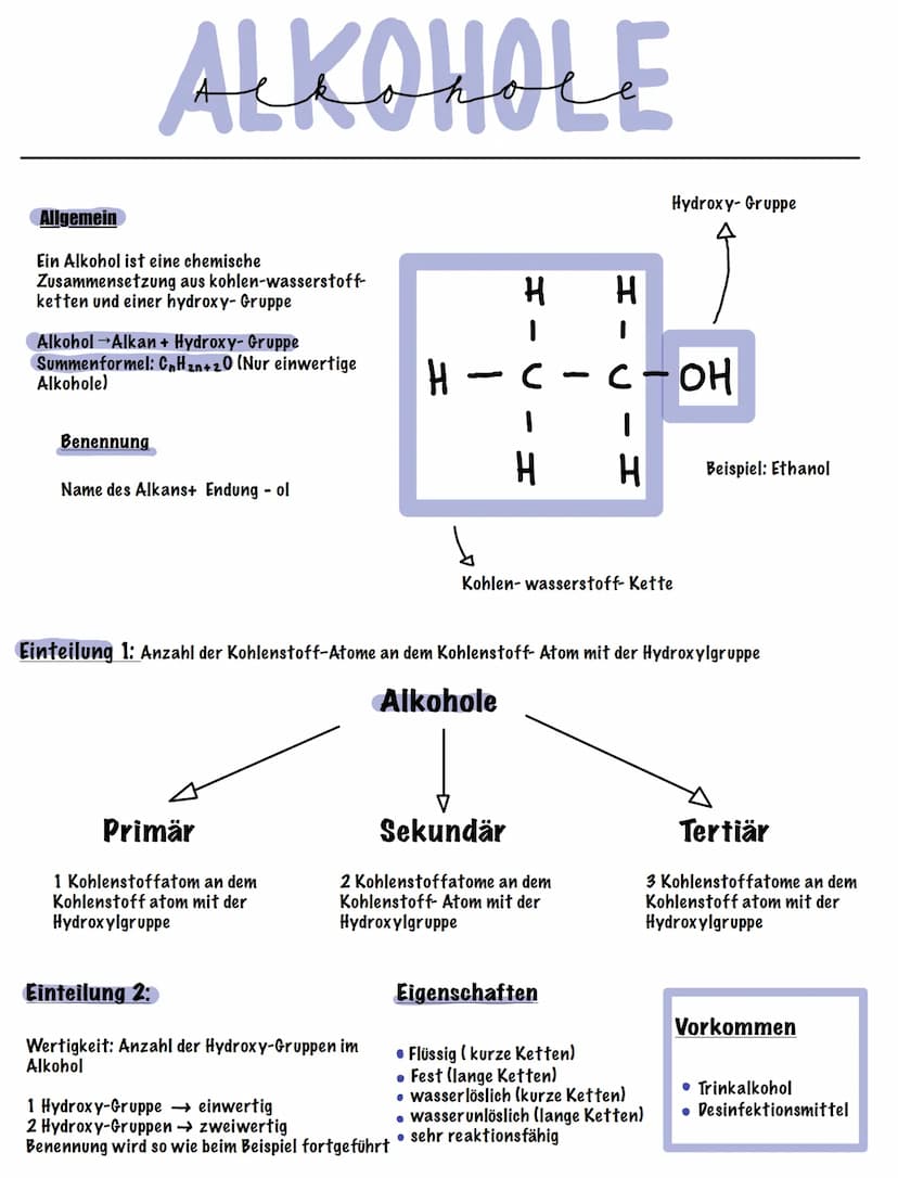 H₂O
Stoffklassen
Chemie
X
Übersicht Teil 1 ALKANE
Allgemein
Alkane sind Kohlen-Wasserstoff-Ketten mit
Einfachbindungen
Summenformel: CnH₂n+2
