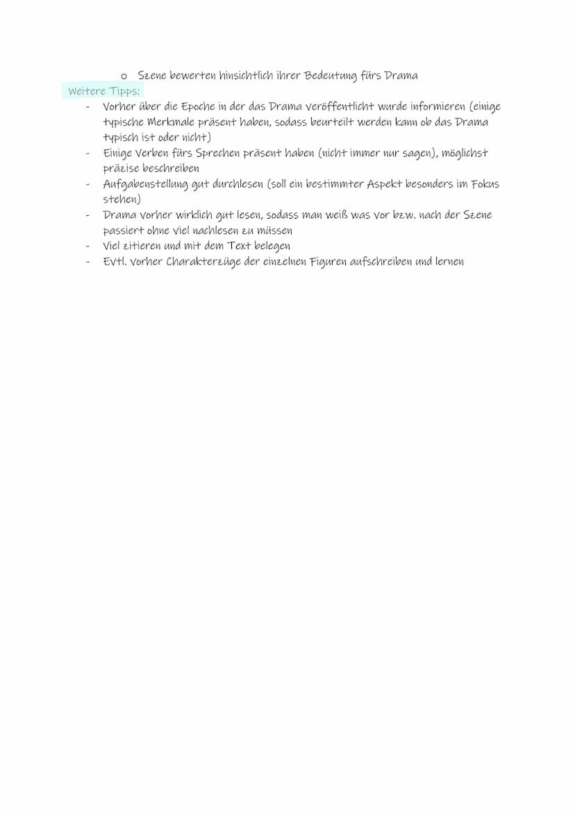 LERNZETTEL DRAMENANALYSE
(für eine bestimmte Szene des Dramas)
1. wichtig: wird verlangt, einen bestimmten Aspekt besonders zu beachten, z.B
