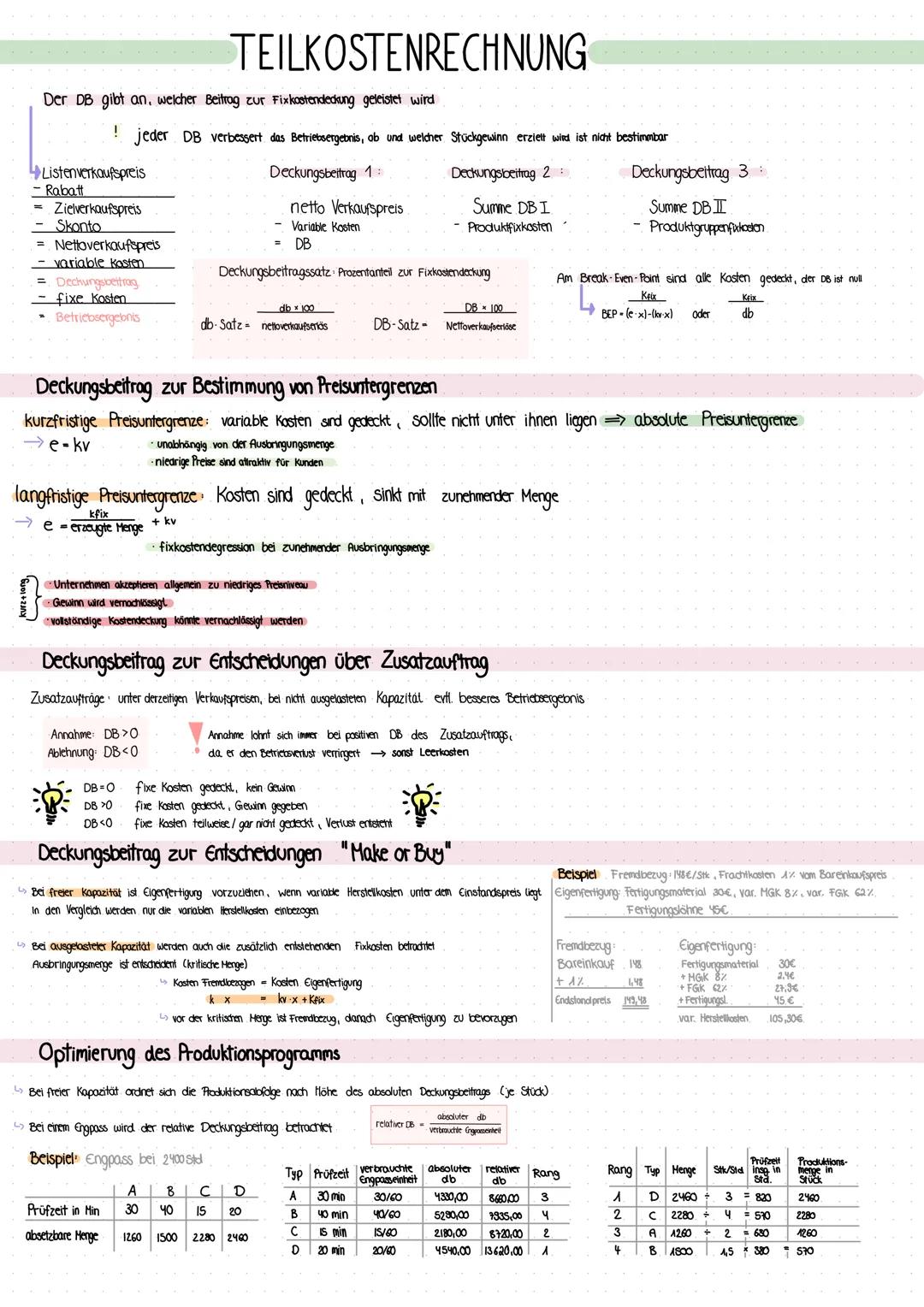 # TEILKOSTENRECHNUNG

Der DB gibt an, welcher Beitrag zur Fixkostendeckung geleistet wird

! jeder DB verbessert das Betriebsergebnis, ab un