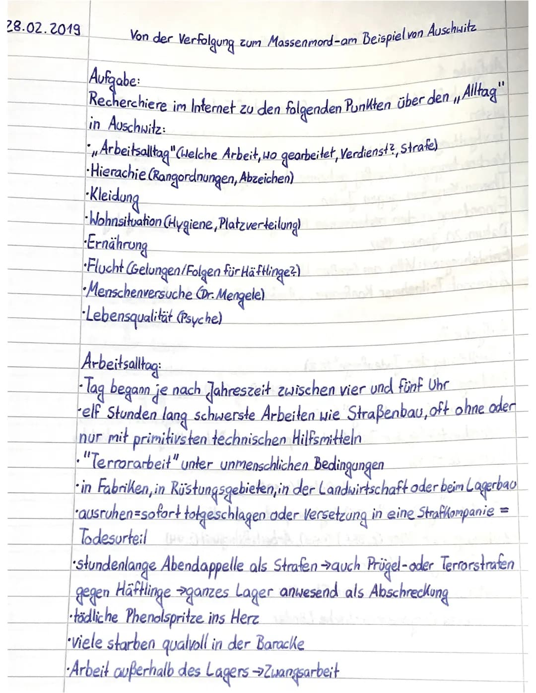 28.02.2019
Von der Verfolgung zum Massenmord-am Beispiel von Auschwitz.
Aufgabe:
Recherchiere im Internet zu den folgenden Punkten über den 