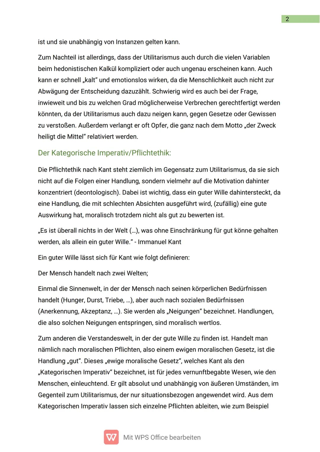Ethische
Argumentationsmodelle
In dieser Ausarbeitung werden die Themen „Utilitarismus" nach Bentham und Mill,
sowie der Kategorische Impera