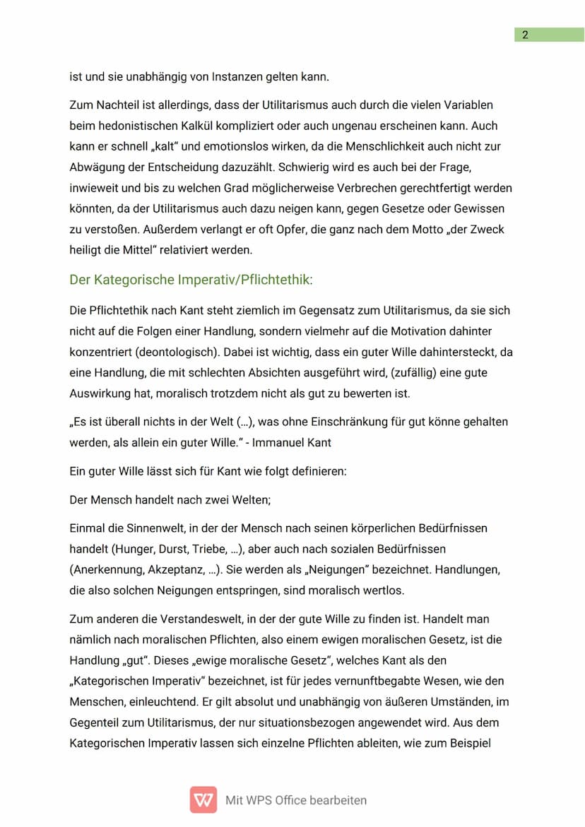 Ethische
Argumentationsmodelle
In dieser Ausarbeitung werden die Themen „Utilitarismus" nach Bentham und Mill,
sowie der Kategorische Impera