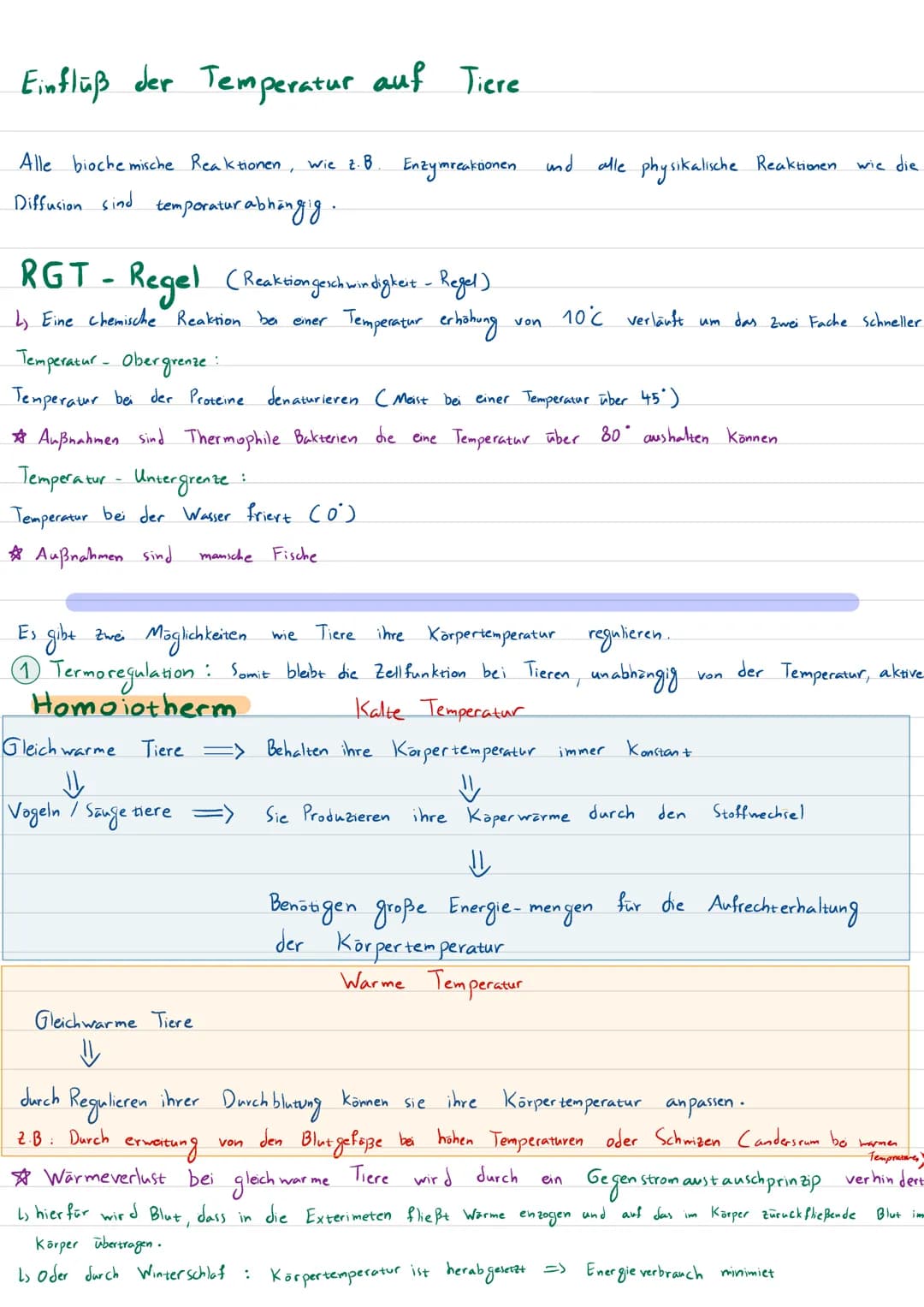 Einfluß der Temperatur auf Tiere.
Alle biochemische Reaktionen, wie z. B.
Diffusion sind temperatur abhängig.
RGT - Regel (Reaksion geschwin