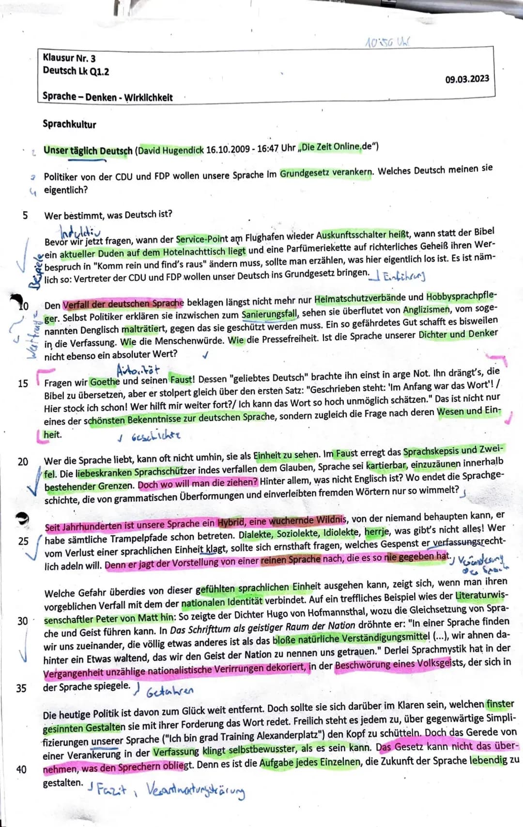 Klausur textgebundene Erörterung Sprache- Denken- Wirklichkeit mit Erwartungshorizont