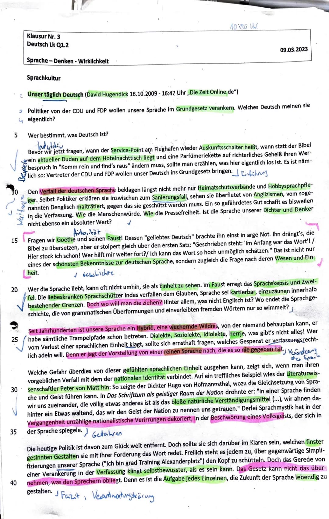 5
15
20
25
35
40
2
30-
Klausur Nr. 3
Deutsch Lk Q1.2
Sprache Denken - Wirklichkeit
Sprachkultur
Unser täglich Deutsch (David Hugendick 16.10