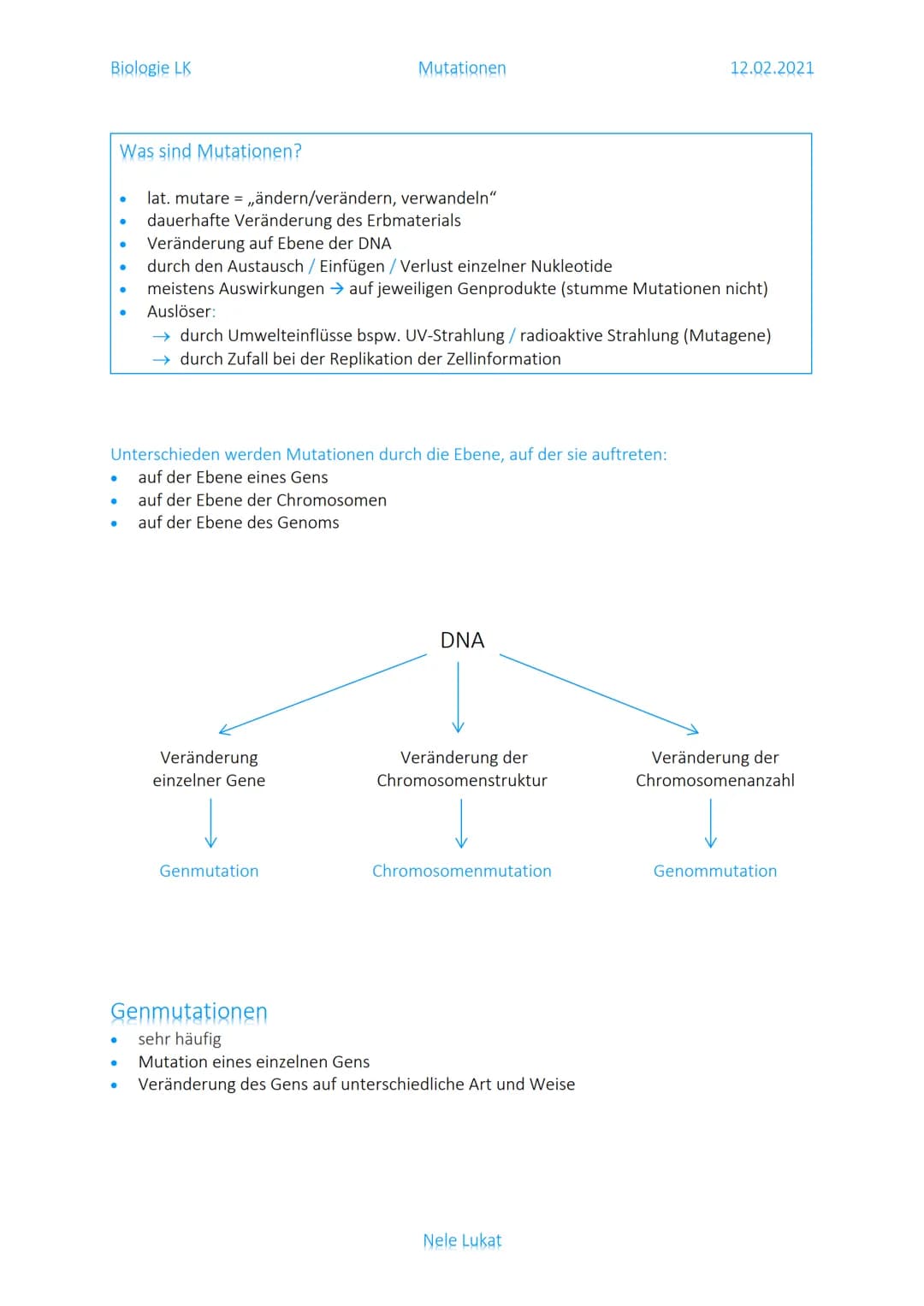 Biologie LK
Was sind Mutationen?
lat. mutare = ,,ändern/verändern, verwandeln"
dauerhafte Veränderung des Erbmaterials
Veränderung auf Ebene