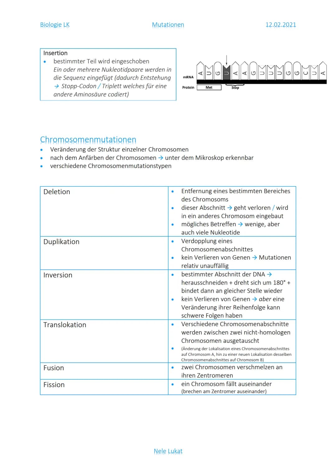 Biologie LK
Was sind Mutationen?
lat. mutare = ,,ändern/verändern, verwandeln"
dauerhafte Veränderung des Erbmaterials
Veränderung auf Ebene