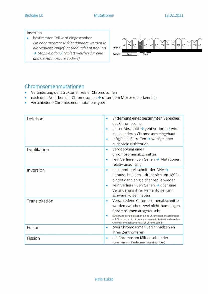Biologie LK
Was sind Mutationen?
lat. mutare = ,,ändern/verändern, verwandeln"
dauerhafte Veränderung des Erbmaterials
Veränderung auf Ebene