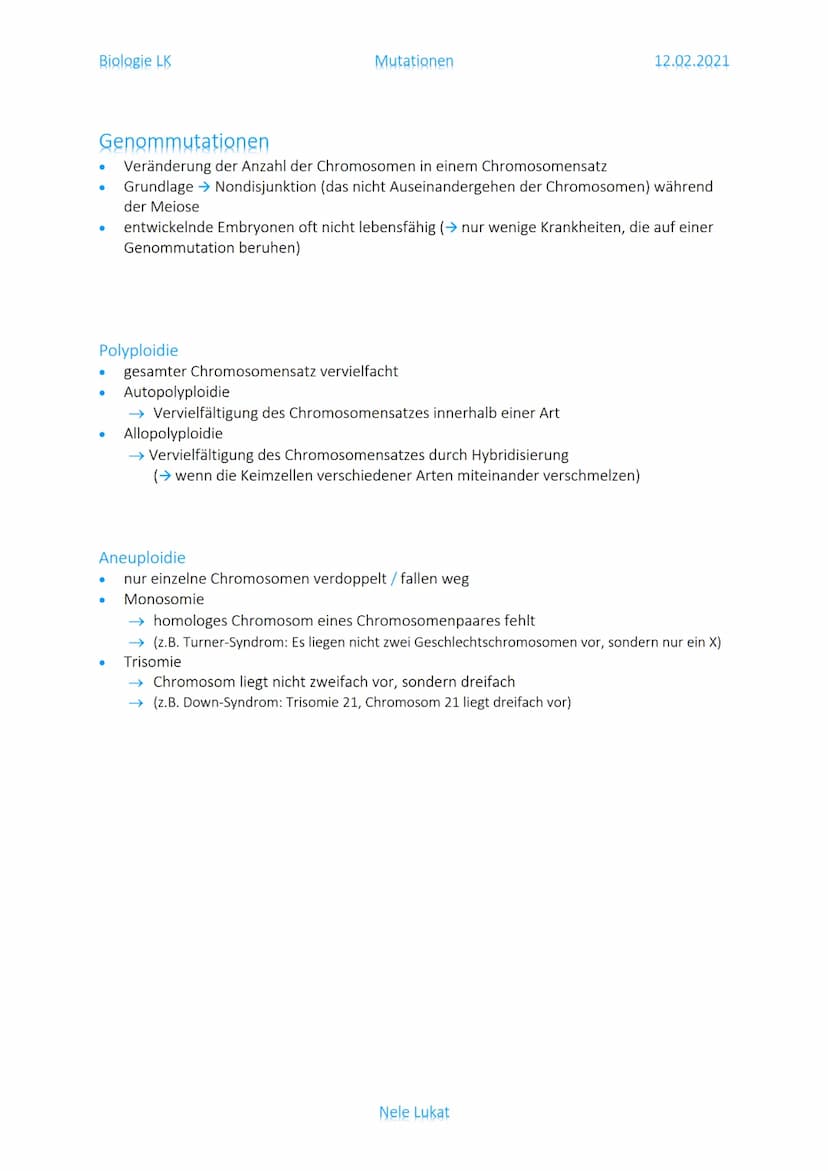 Biologie LK
Was sind Mutationen?
lat. mutare = ,,ändern/verändern, verwandeln"
dauerhafte Veränderung des Erbmaterials
Veränderung auf Ebene