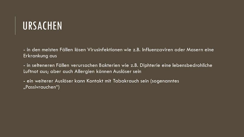 Pseudokrupp (Stenosierende Laryngitis)
Was ist Pseudokrupp?
Atemwegserkrankung, bei der die Schleimhaut im Bereich des Kehlkopfes und der
St