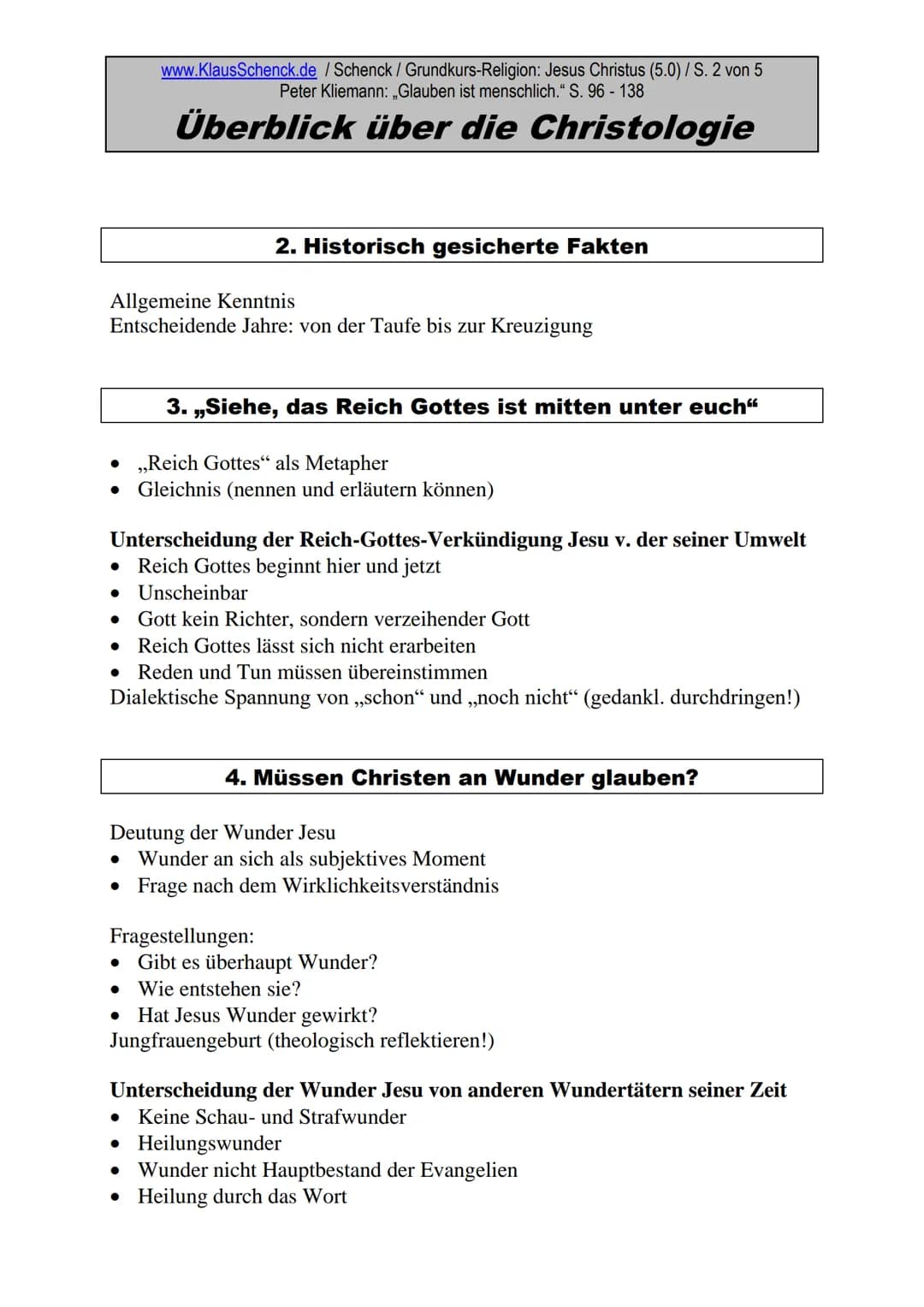 www.KlausSchenck.de / Schenck / Grundkurs-Religion: Jesus Christus (5.0) / S. 1 von 5
Peter Kliemann: „Glauben ist menschlich." S. 96 - 138
