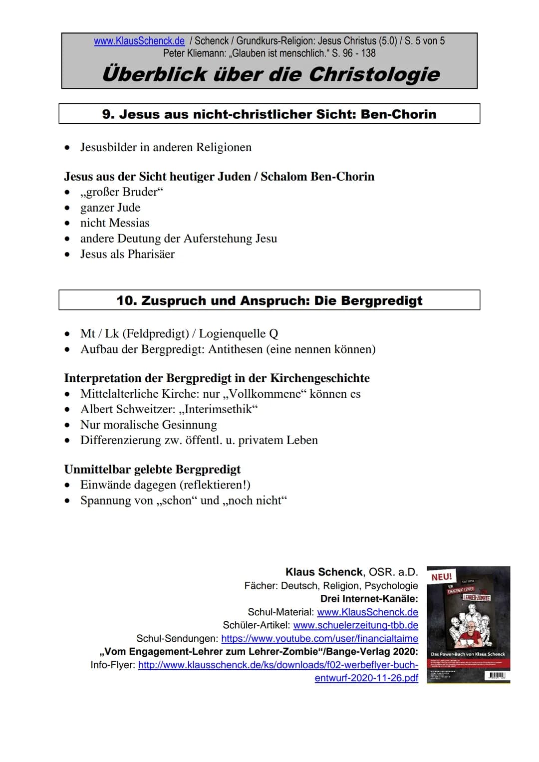 www.KlausSchenck.de / Schenck / Grundkurs-Religion: Jesus Christus (5.0) / S. 1 von 5
Peter Kliemann: „Glauben ist menschlich." S. 96 - 138
