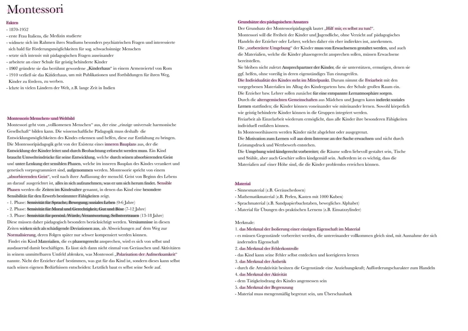 Montessori
Fakten
- 1870-1952
- erste Frau Italiens, die Medizin studierte
- widmete sich im Rahmen ihres Studiums besonders psychiatrischen
