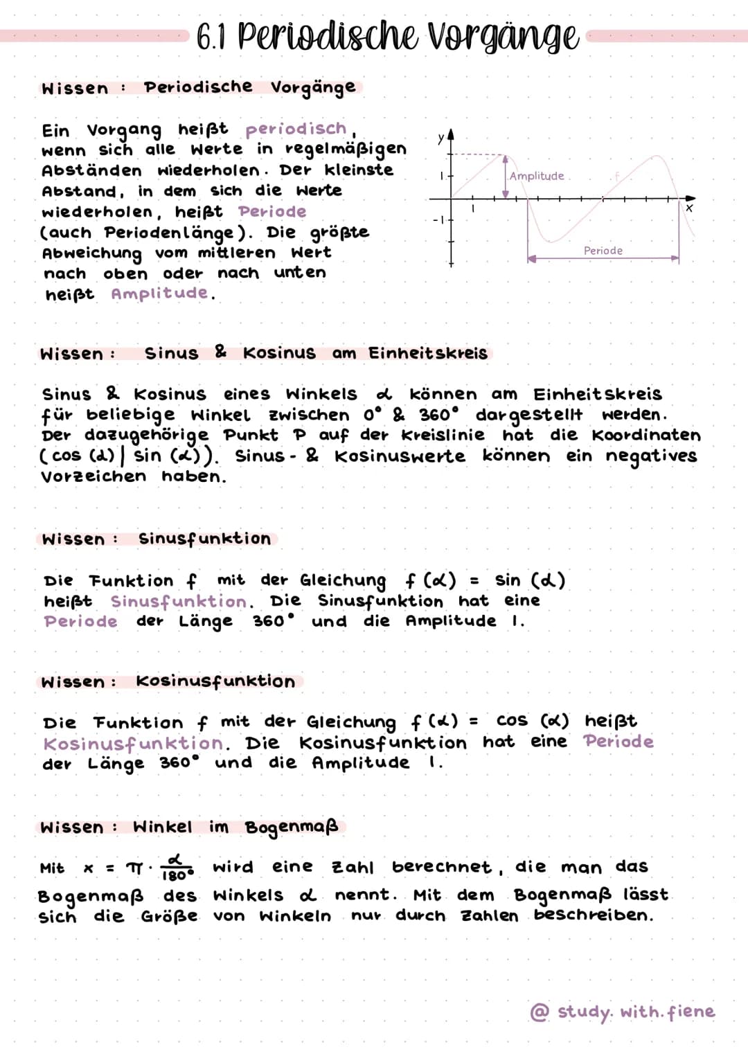 6.1 Periodische Vorgänge
Wissen : Periodische Vorgänge
Ein Vorgang heißt periodisch
wenn sich alle Werte in regelmäßigen
Abständen wiederhol