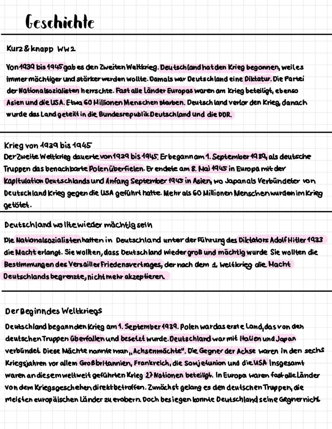HISTORY
Geschichte
性 Geschichte
Kurz& knapp WW2
Von 1939 bis 1945 gab es den Zweiten Weltkrieg. Deutschland hat den Krieg begonnen, weil es
