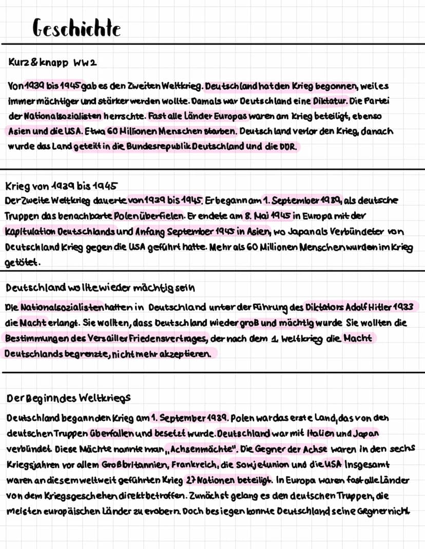 HISTORY
Geschichte
性 Geschichte
Kurz& knapp WW2
Von 1939 bis 1945 gab es den Zweiten Weltkrieg. Deutschland hat den Krieg begonnen, weil es
