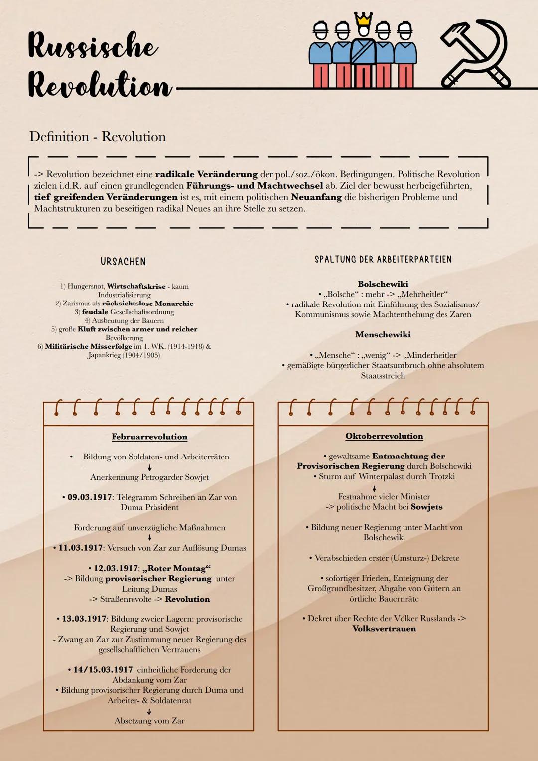 Russische
Revolution
Definition - Revolution
-> Revolution bezeichnet eine radikale Veränderung der pol./soz./ökon. Bedingungen. Politische 