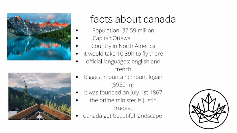 CANADA what we gonna talk
about
-some facts about Canada
-the capital Ottawa
-food and sports in Canada
-national parks
-the city vancouver

